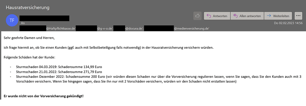 Voranfrage Schaden Mail Screenshot